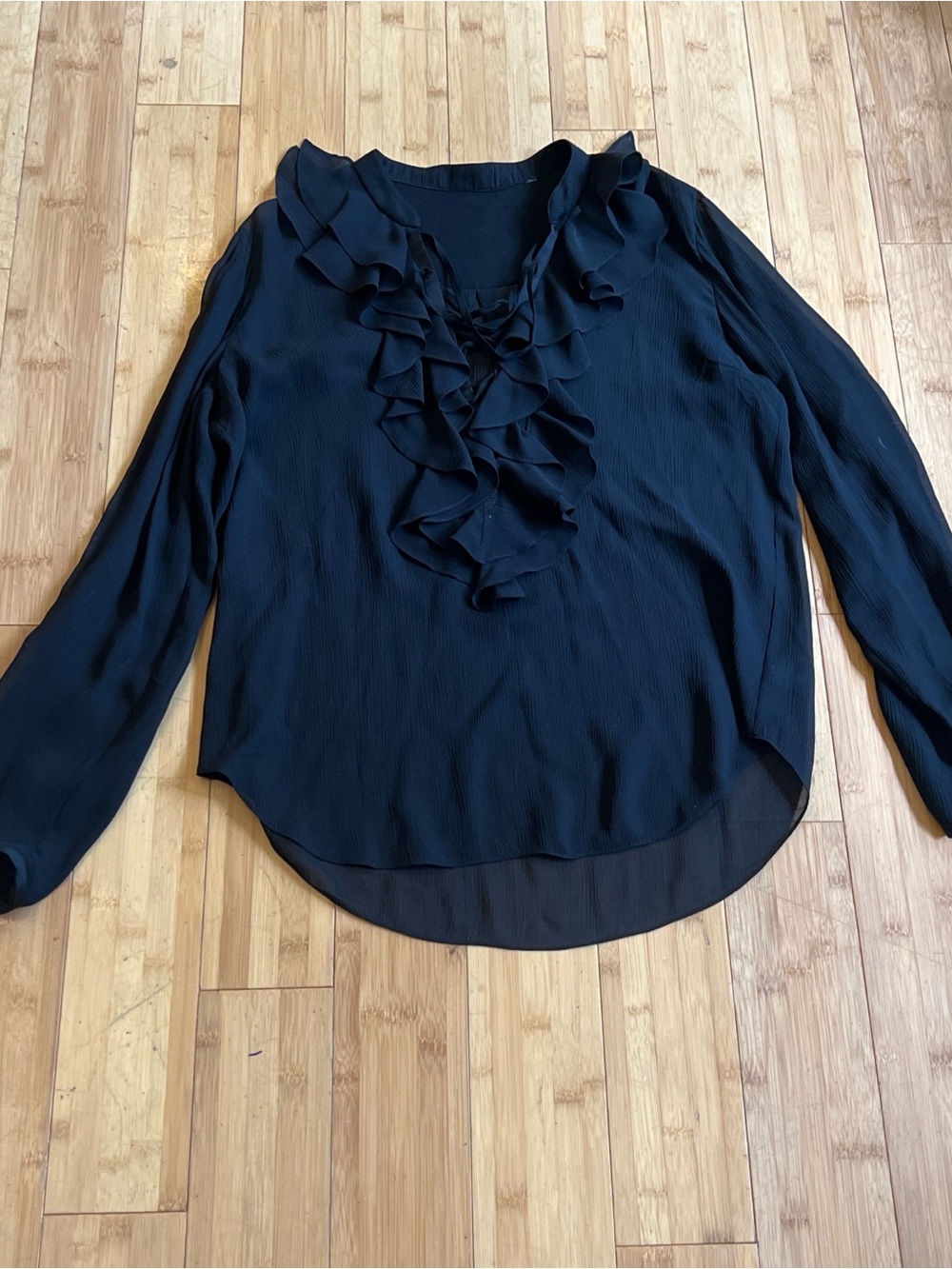 Theory Black Ruffle V-Neck Long Sleeve Blouse